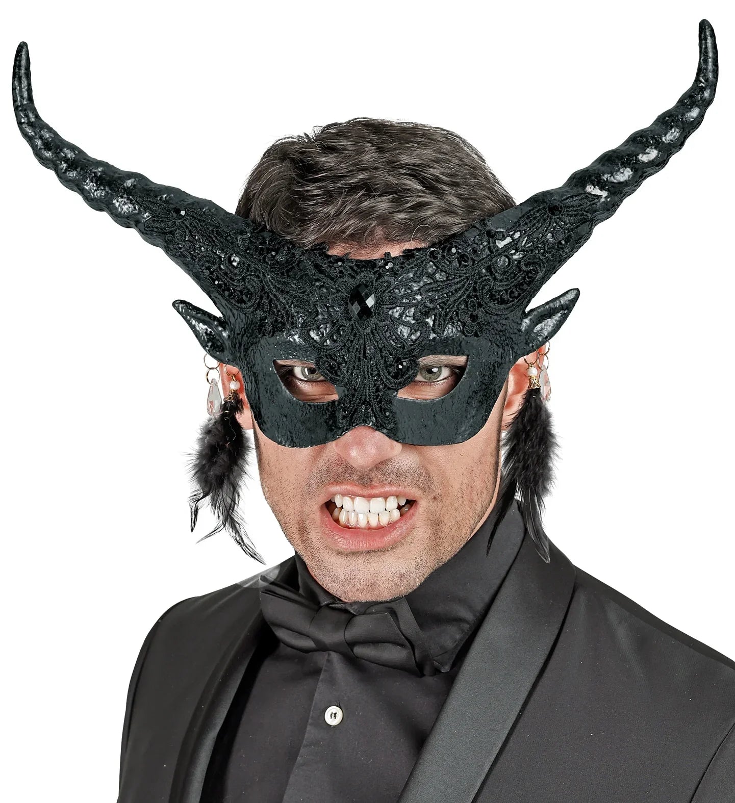 Antifaz de Diablo Negro con Cuernos y Pedrería Máscaras Halloween Widmann