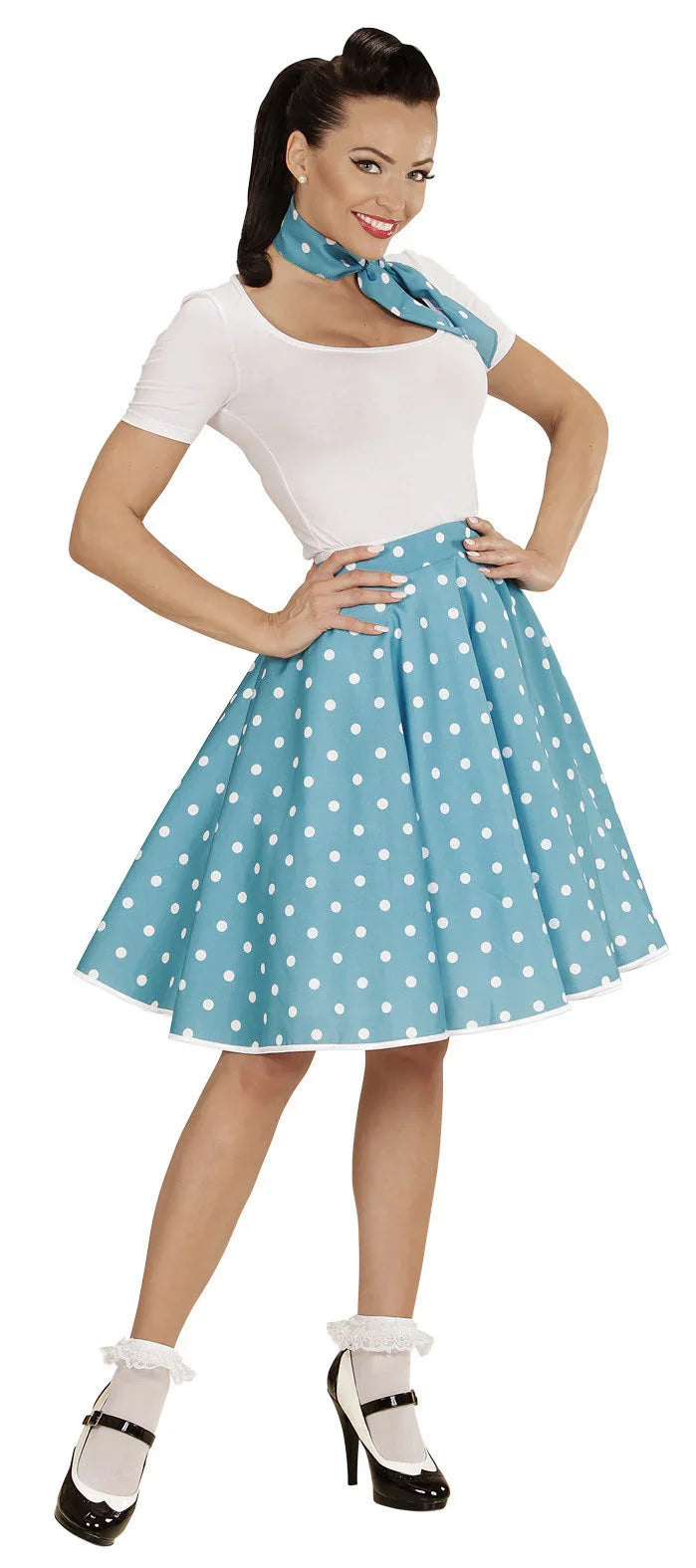Falda de Lunares con Pañuelo Turquesa Grease y Años 40 - 50 Widmann