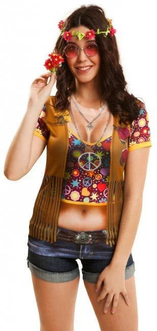 Camiseta Hippie con Chaleco para Mujer Camisetas Disfraz Viving