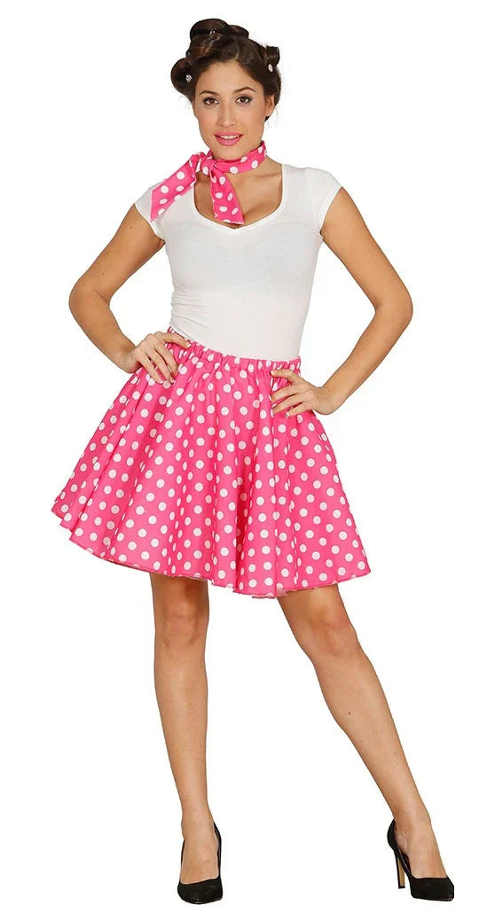 Falda Rosa con Lunares y Pañuelo Pin-up Grease y Años 40 - 50 Guirca