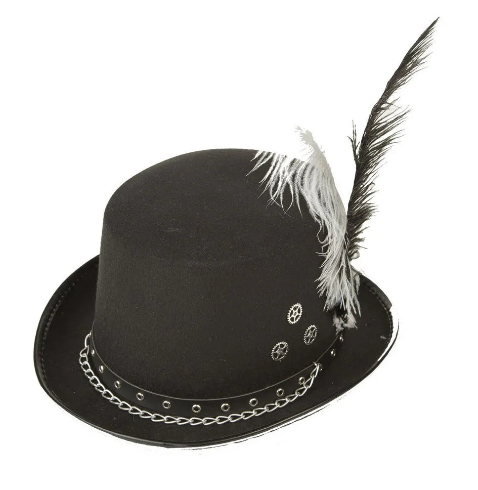 Chistera Steampunk Negra con Pluma Steampunk Viving