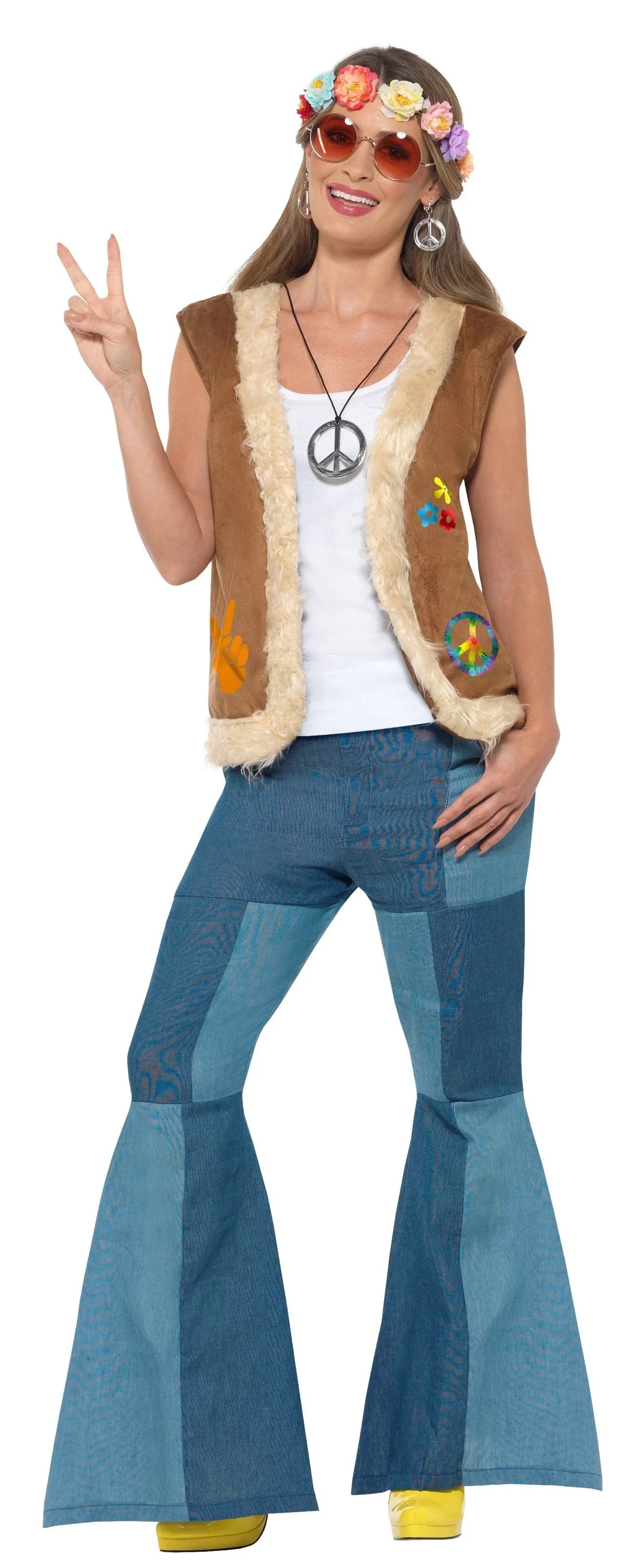 Chaleco Hippie Marrón Decorado para Adulto Complementos Hippies Smiffys
