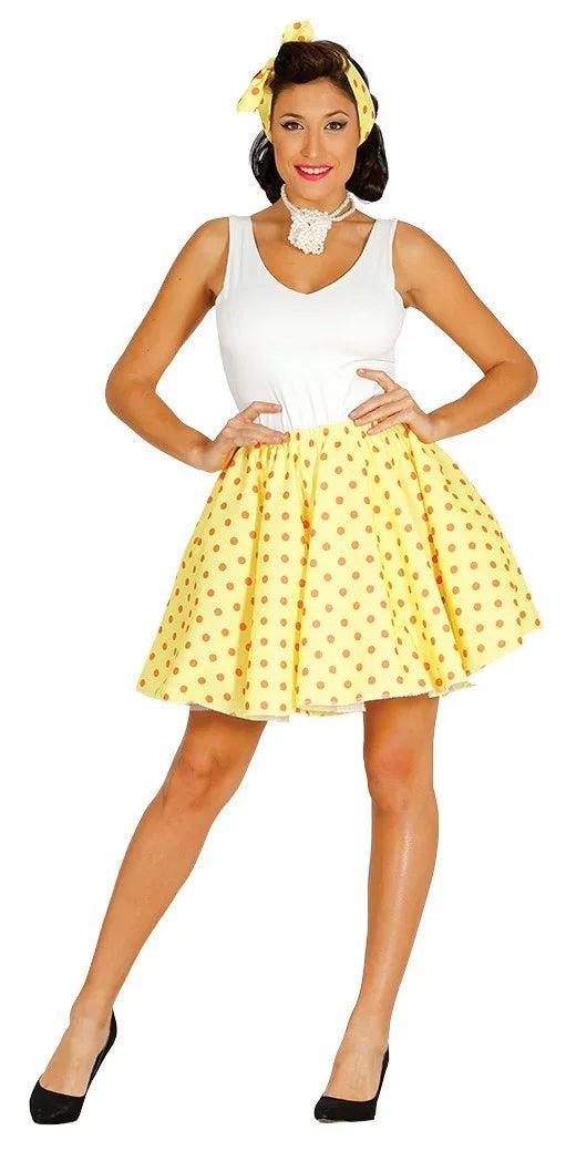 Falda Amarilla con Lunares y Pañuelo Pin-up Grease y Años 40 - 50 Guirca