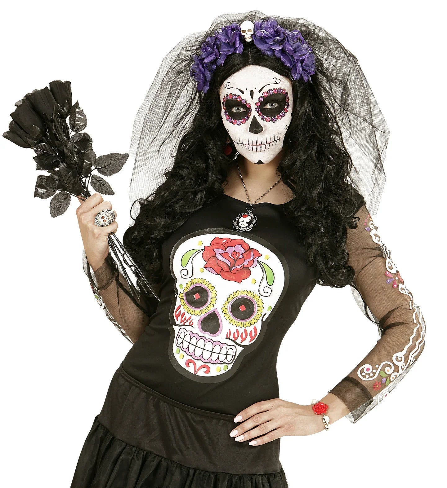 Diadema de Catrina con Rosas Moradas Accesorios Halloween Widmann