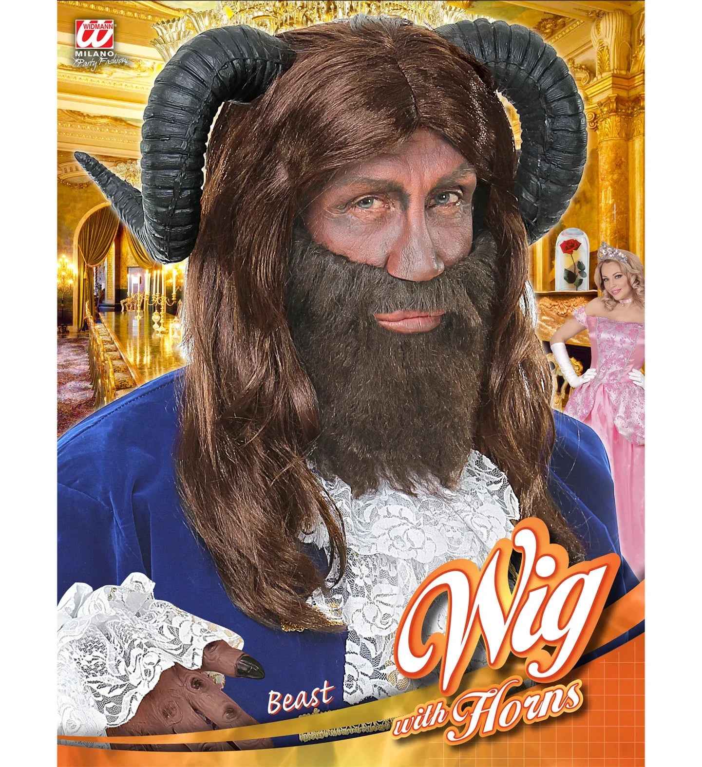 Peluca de La Bestia Castaña con Cuernos La Bella y la Bestia Widmann
