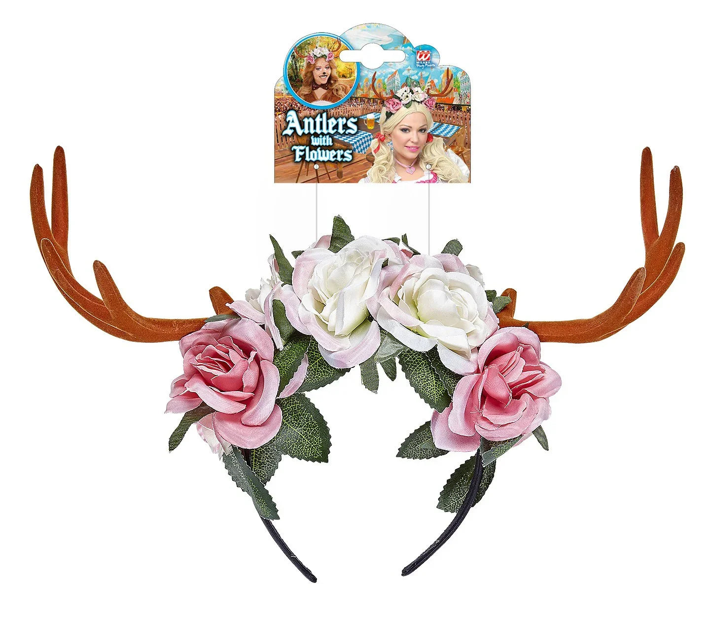 Diadema de Flores Rosas y Blancas con Cuernos Renos Widmann