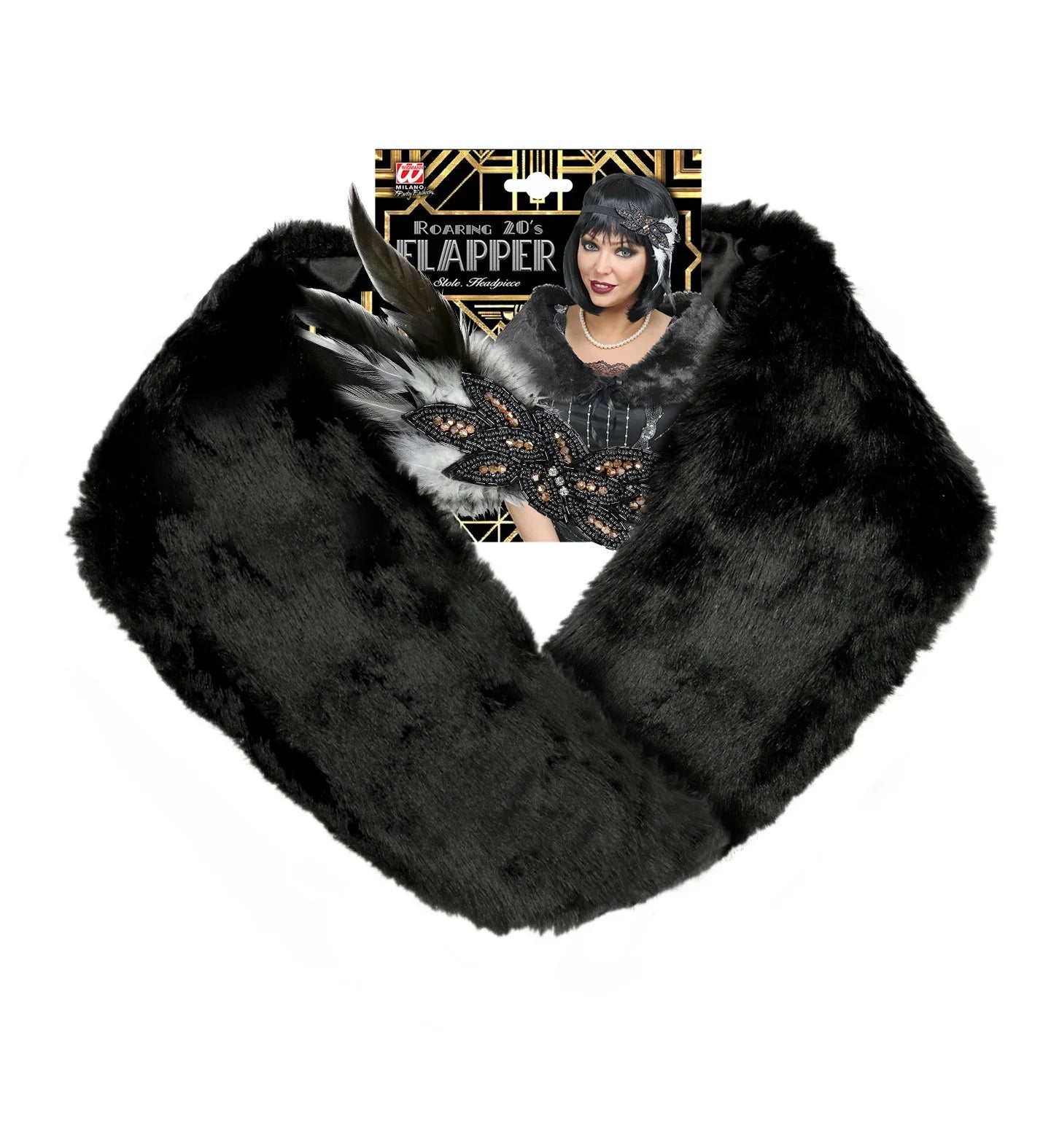 Estola Negra de Piel y Tocado con Broche y Pluma Complementos Charlestón y Gangster Widmann