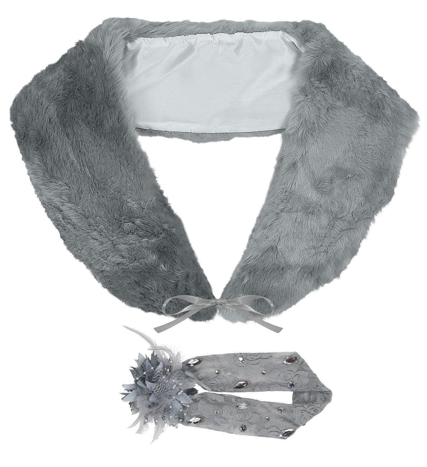 Estola Gris de Piel y Cinta de Encaje con Pedrería y Flor Complementos Charlestón y Gangster Widmann