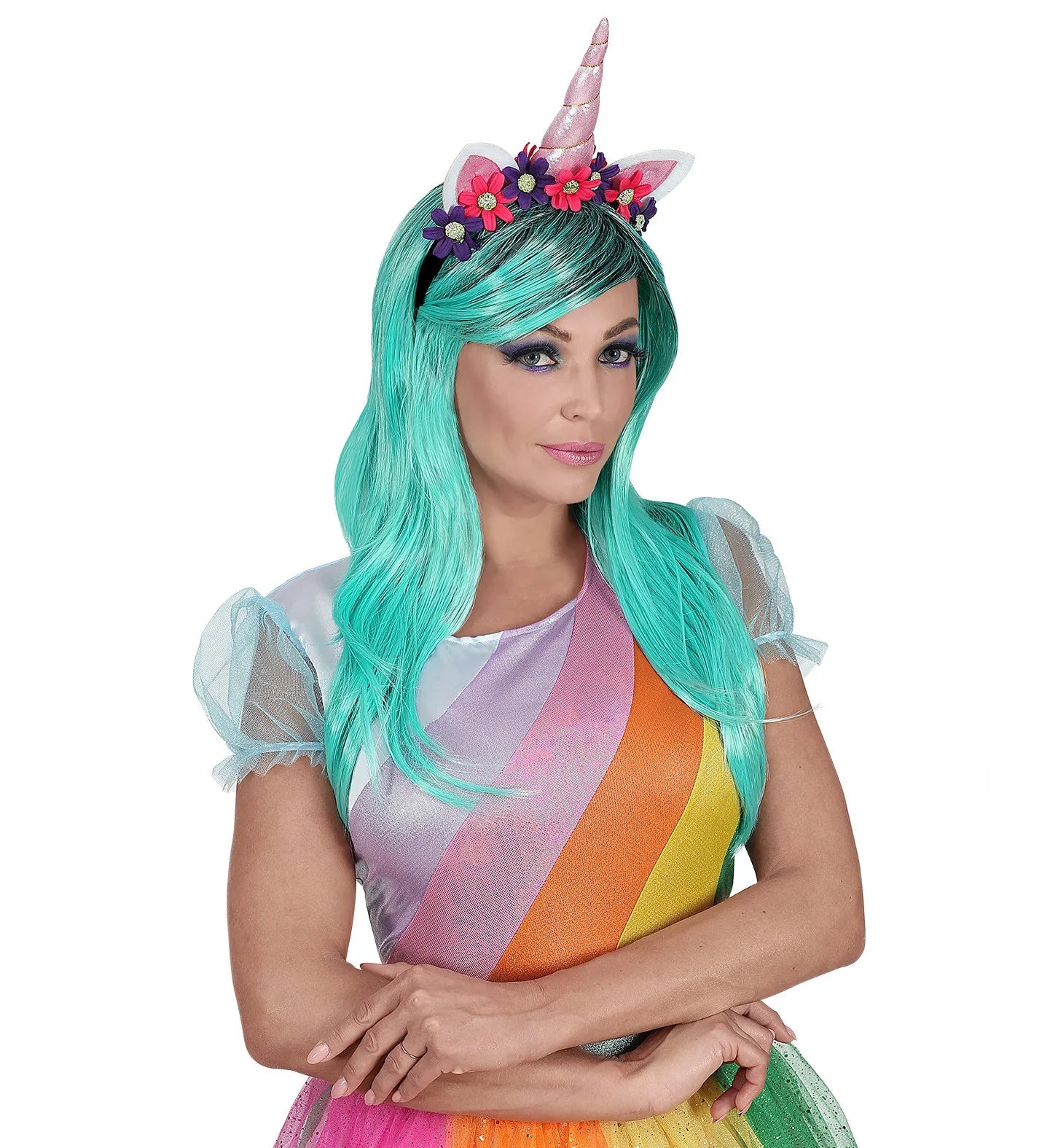 Peluca Azul Verdosa Larga con Diadema de Unicornio Unicornio Widmann