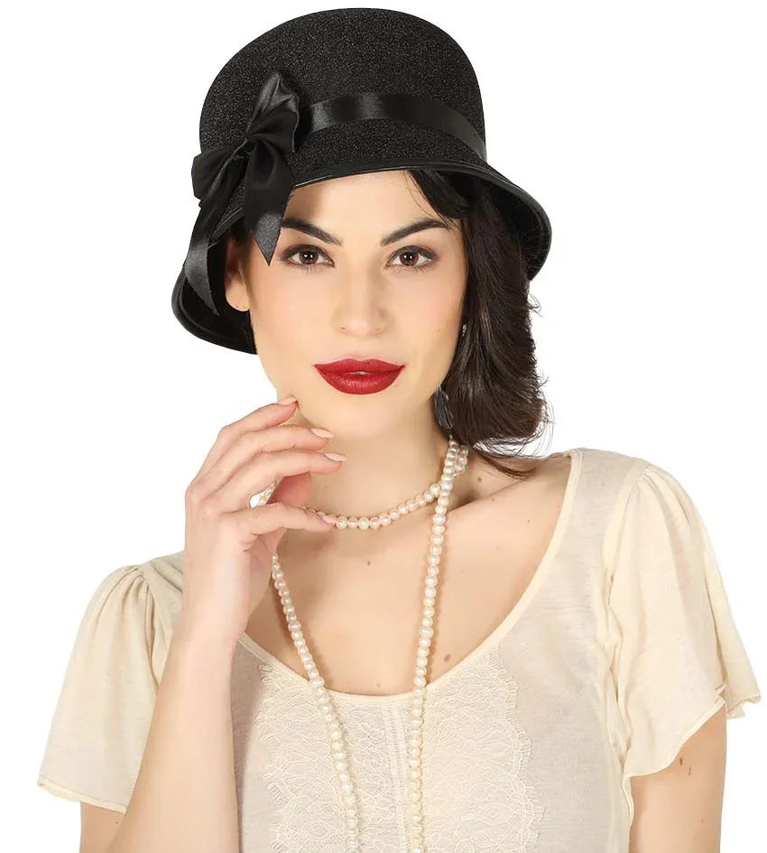 Sombrero Negro Estilo Charlestón Años 20 con Lazo Complementos Charlestón y Gangster Guirca