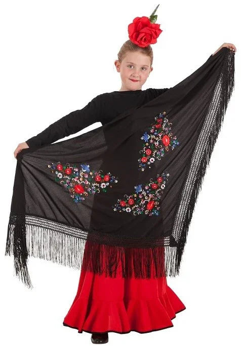 Mantón de Sevillana o Chulapa Negro con Bordado Sevillanas Partilandia