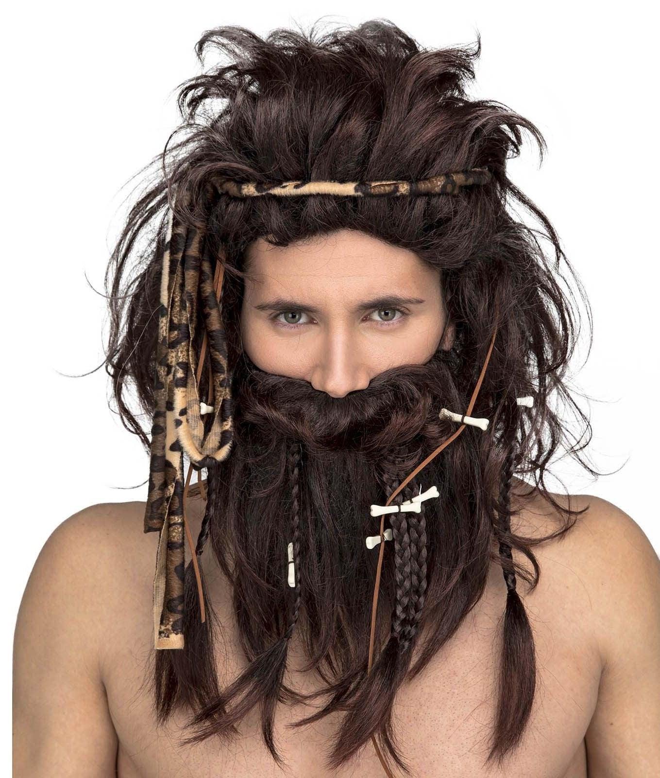 Peluca de Cavernícola Castaña con Barba Complementos Trogloditas y Cavernícolas Viving