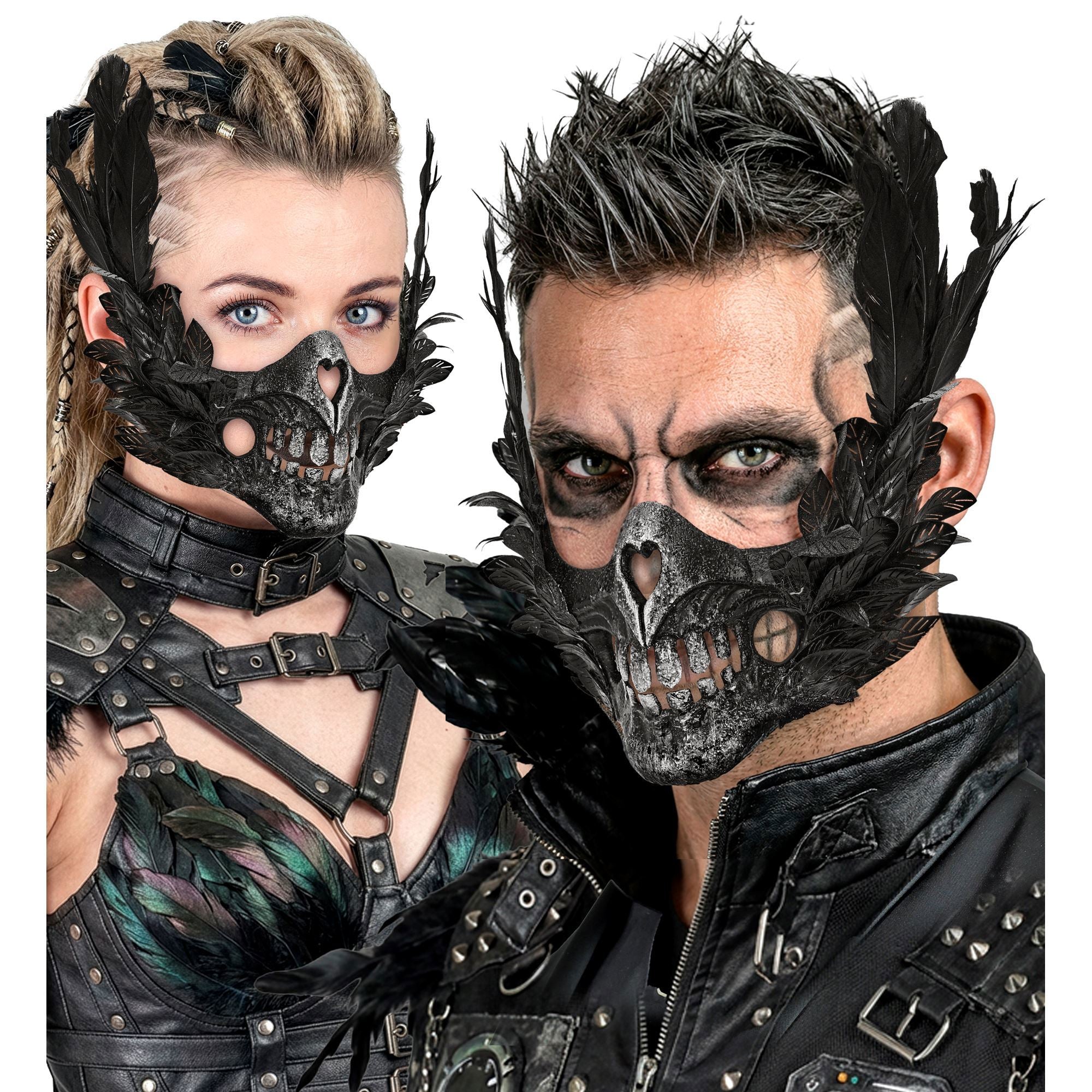 Mezza Maschera di Scheletro con Piume