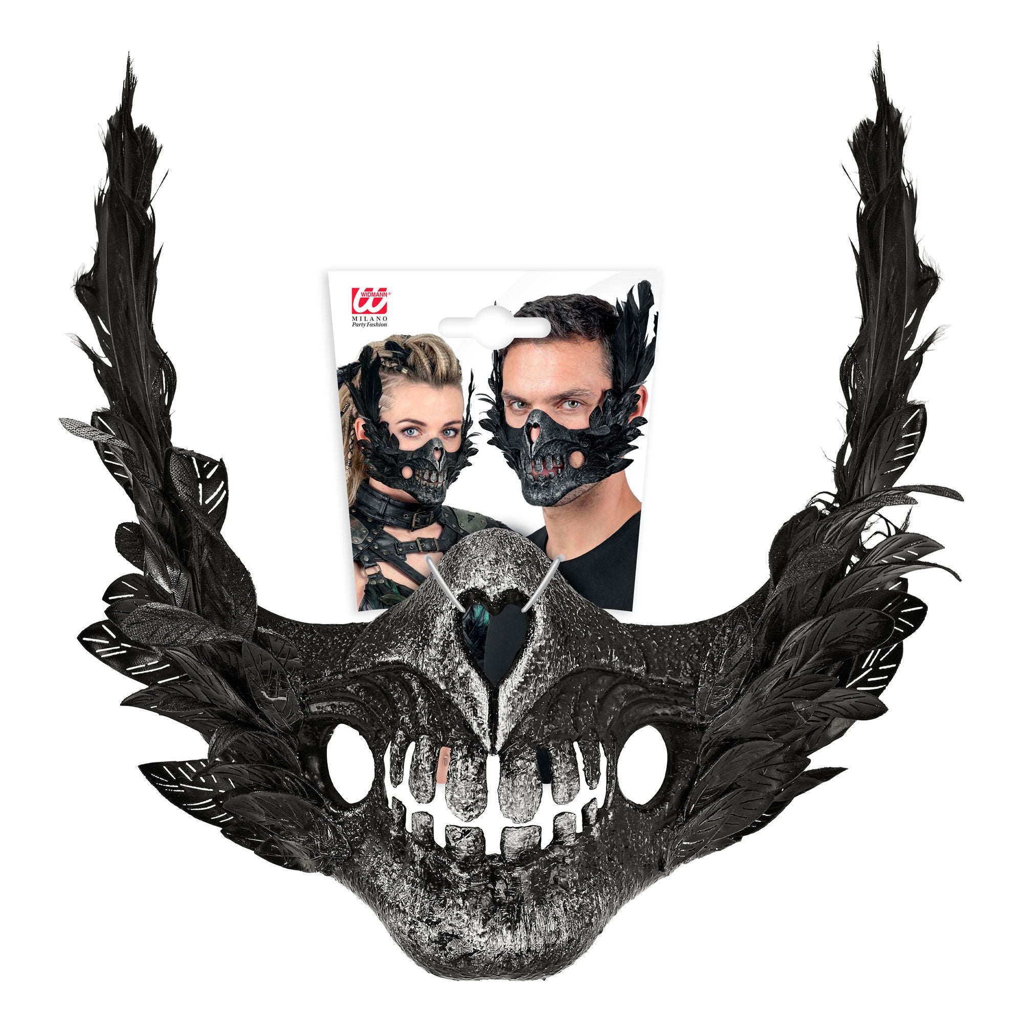 Mezza Maschera di Scheletro con Piume
