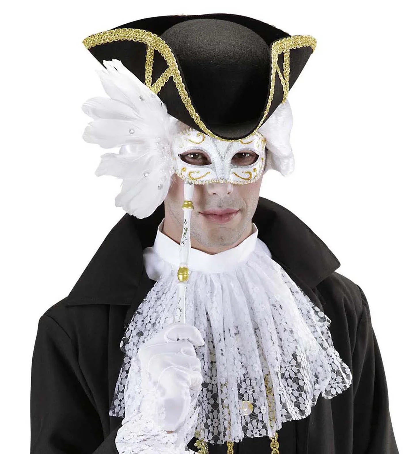 Antifaz decorado en blanco con mango Antifaces Widmann