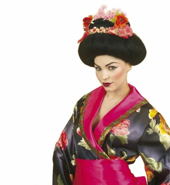 Peluca de Geisha Morena con Flores Lujo COMPLEMENTOS Widmann