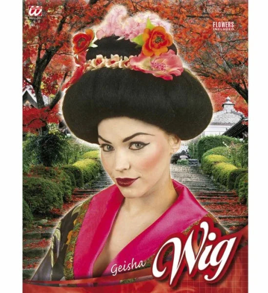 Peluca de Geisha Morena con Flores Lujo COMPLEMENTOS Widmann