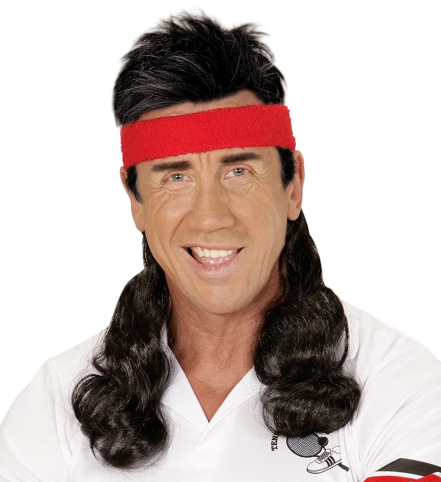 Bandana Roja Años 80 con Extensiones de Pelo Negro Años 80 Widmann
