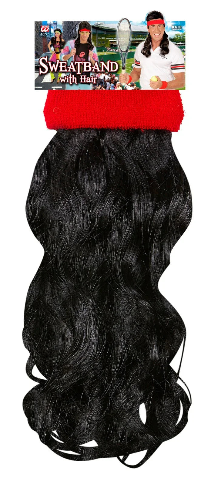 Bandana Roja Años 80 con Extensiones de Pelo Negro Años 80 Widmann