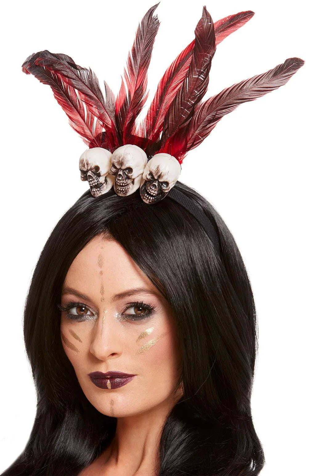 Diadema Vudú con Calaveras y Plumas Rojas Hechiceros y Muñecas Vudú Smiffys