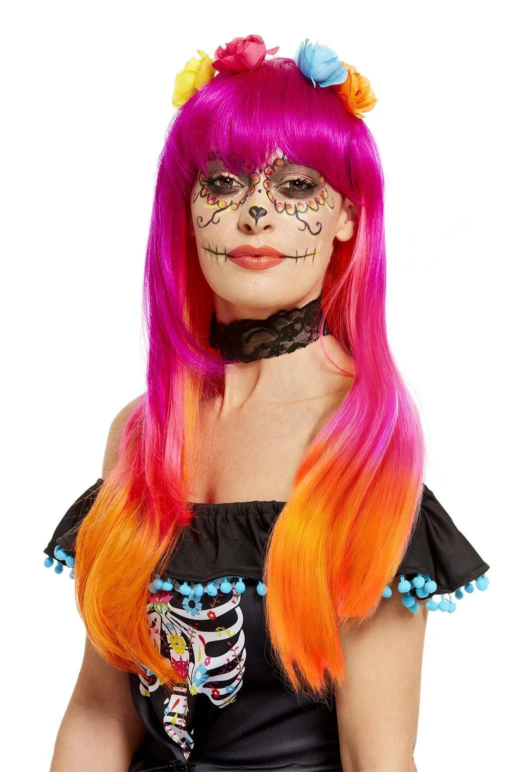 Peluca de Catrina Rosa, Naranja y Morada con Flores Catrina Smiffys