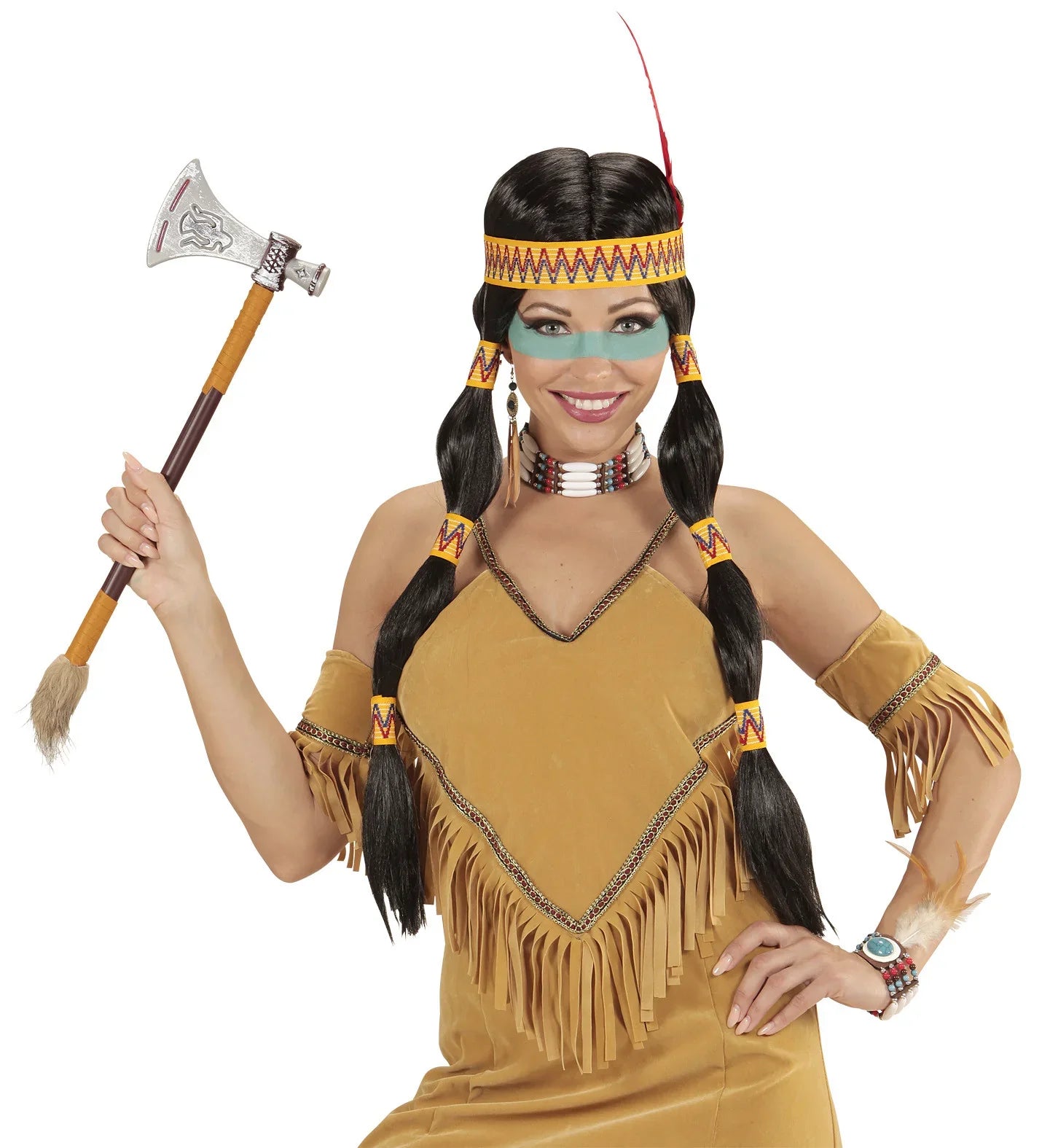 Peluca de India con Coletas y Cinta con Pluma Complementos Indios Widmann