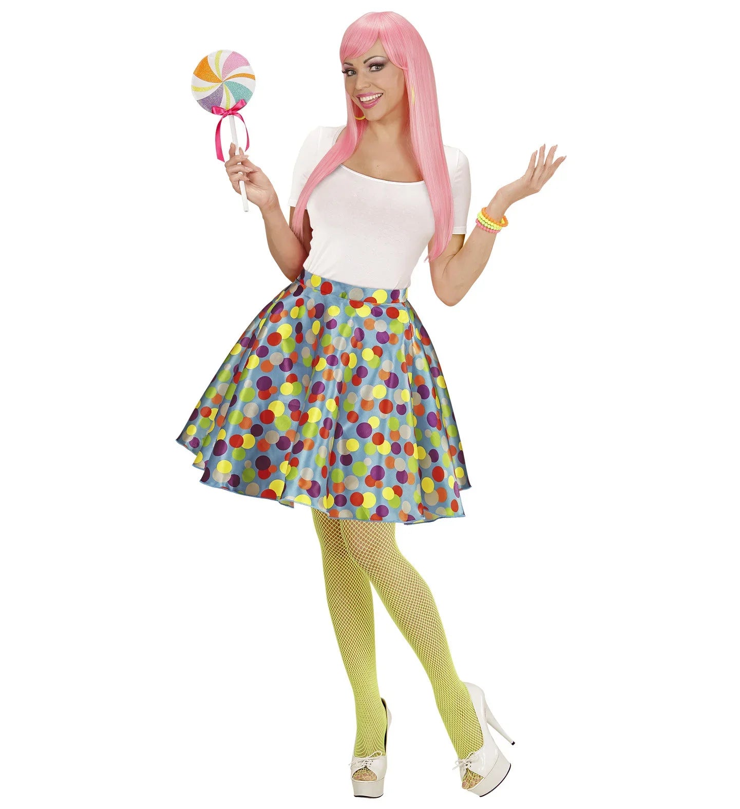 Falda Azul Años 50 con Lunares Multicolor Complementos Grease Años 40 - 50 Widmann