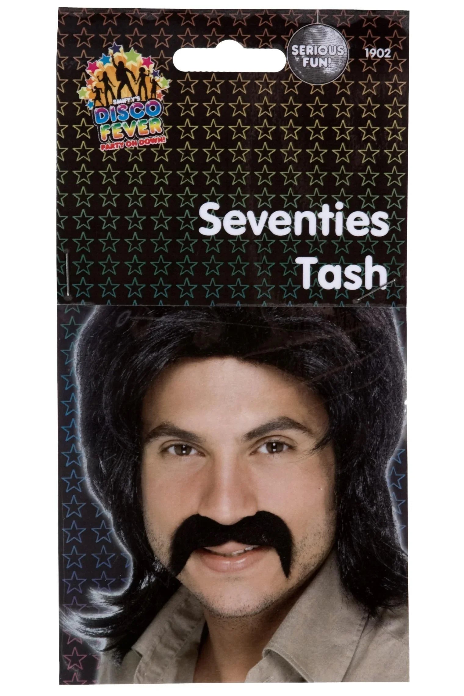 Bigote Negro de Hippie Años 70 con Adhesivo Complementos Hippies Smiffys