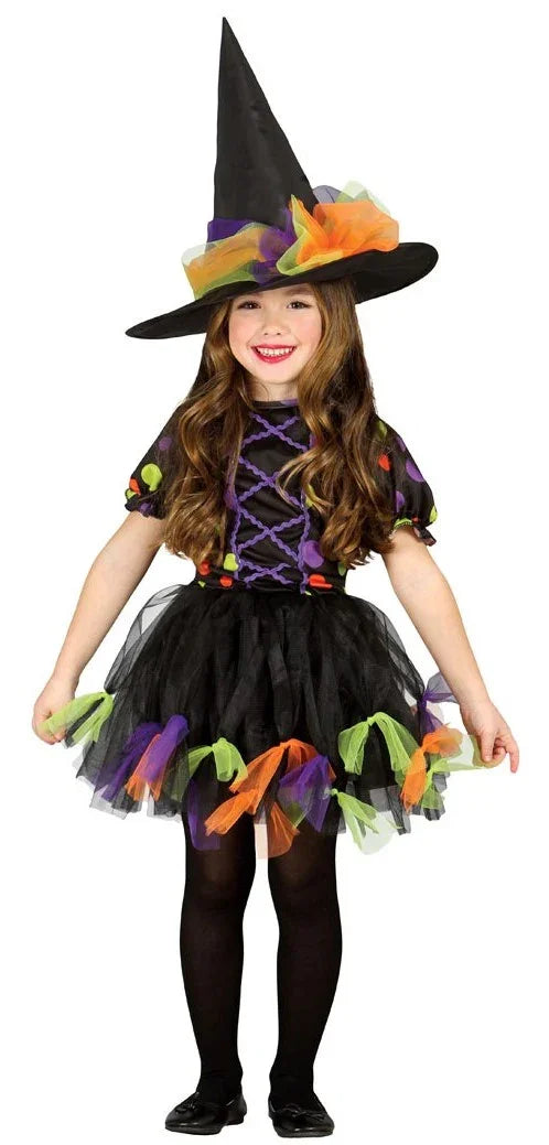 Disfraz de Bruja con Lunares Multicolor para Niña Brujas Guirca
