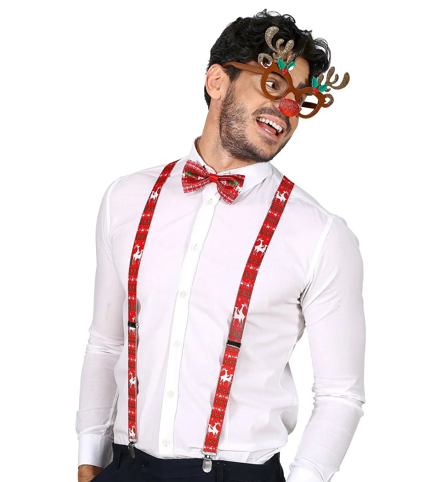 Kit de Reno Rudolf con Gafas, Pajarita y Tirantes Renos Widmann