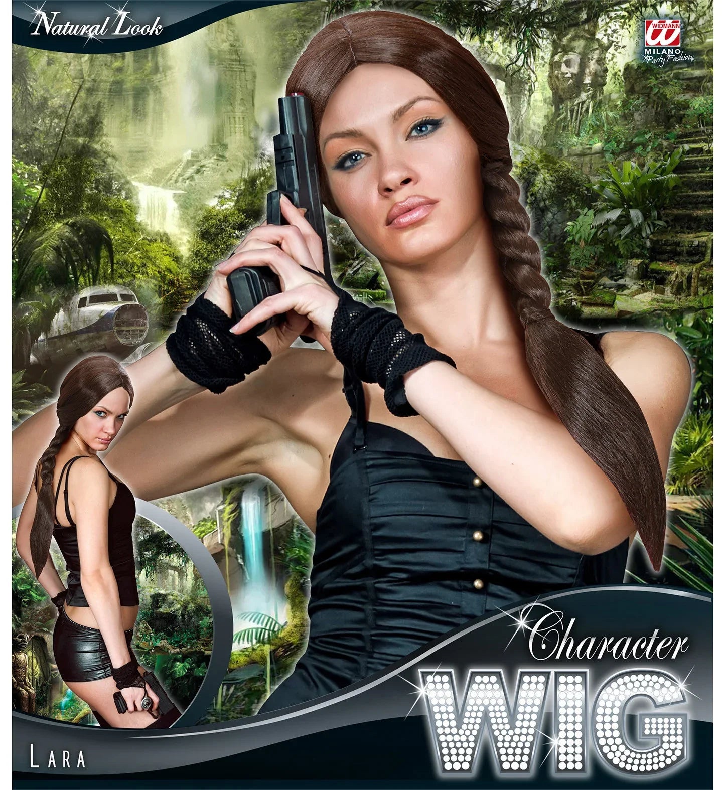 Peluca de Lara Croft Castaña con Trenza Pelucas Castañas Widmann