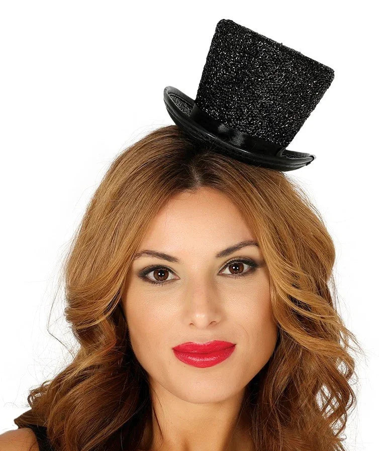 Mini Chistera Negra Brillante con Goma Nochevieja Guirca