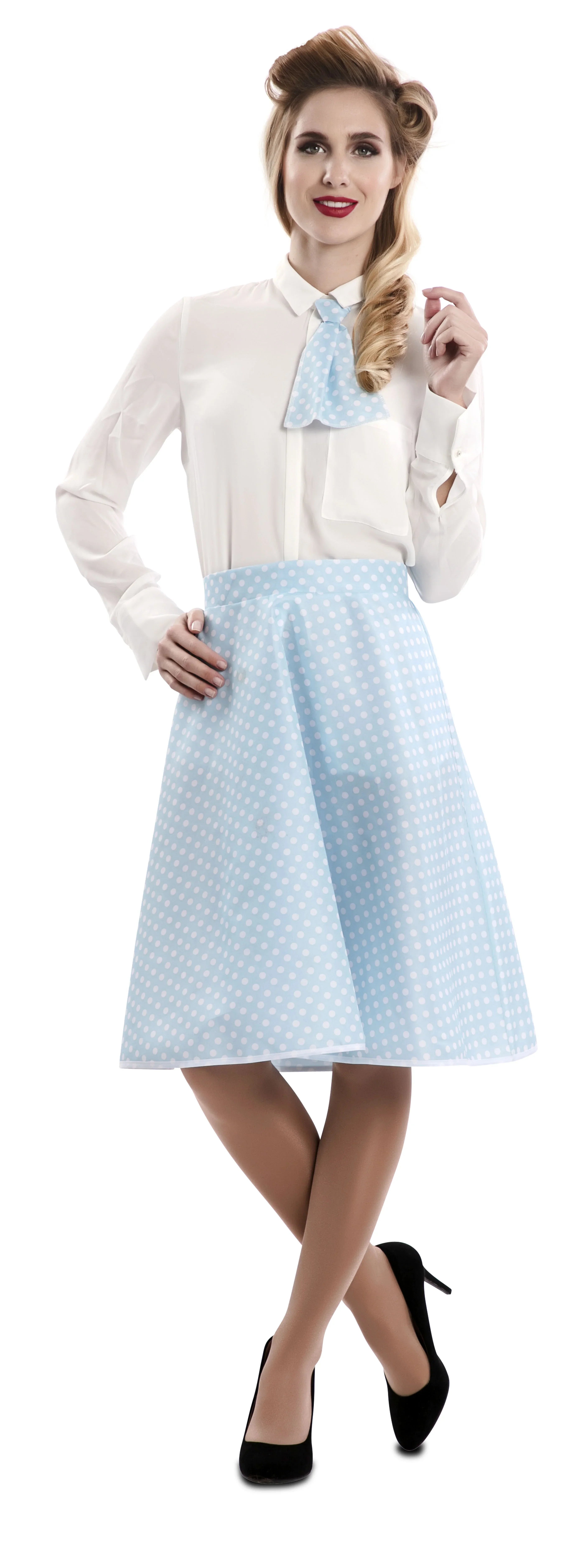 Falda Pin Up Azul con Lunares y Pañuelo para Mujer Grease y Años 40 - 50 EuroCarnavales