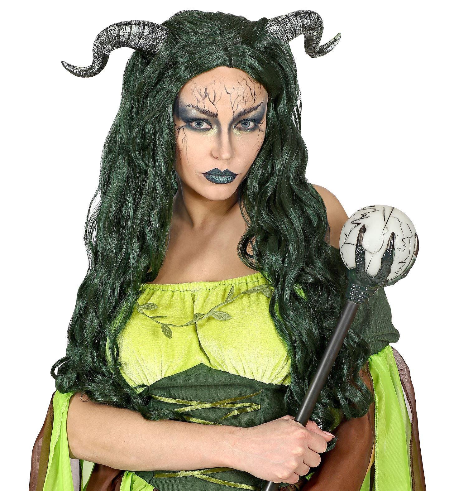Peluca de Bruja del Bosque Verde con Cuernos Accesorios Halloween Widmann