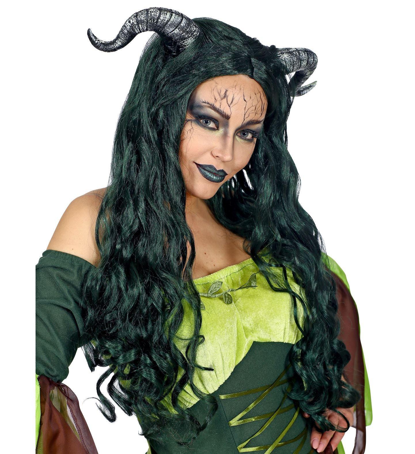 Peluca de Bruja del Bosque Verde con Cuernos Accesorios Halloween Widmann