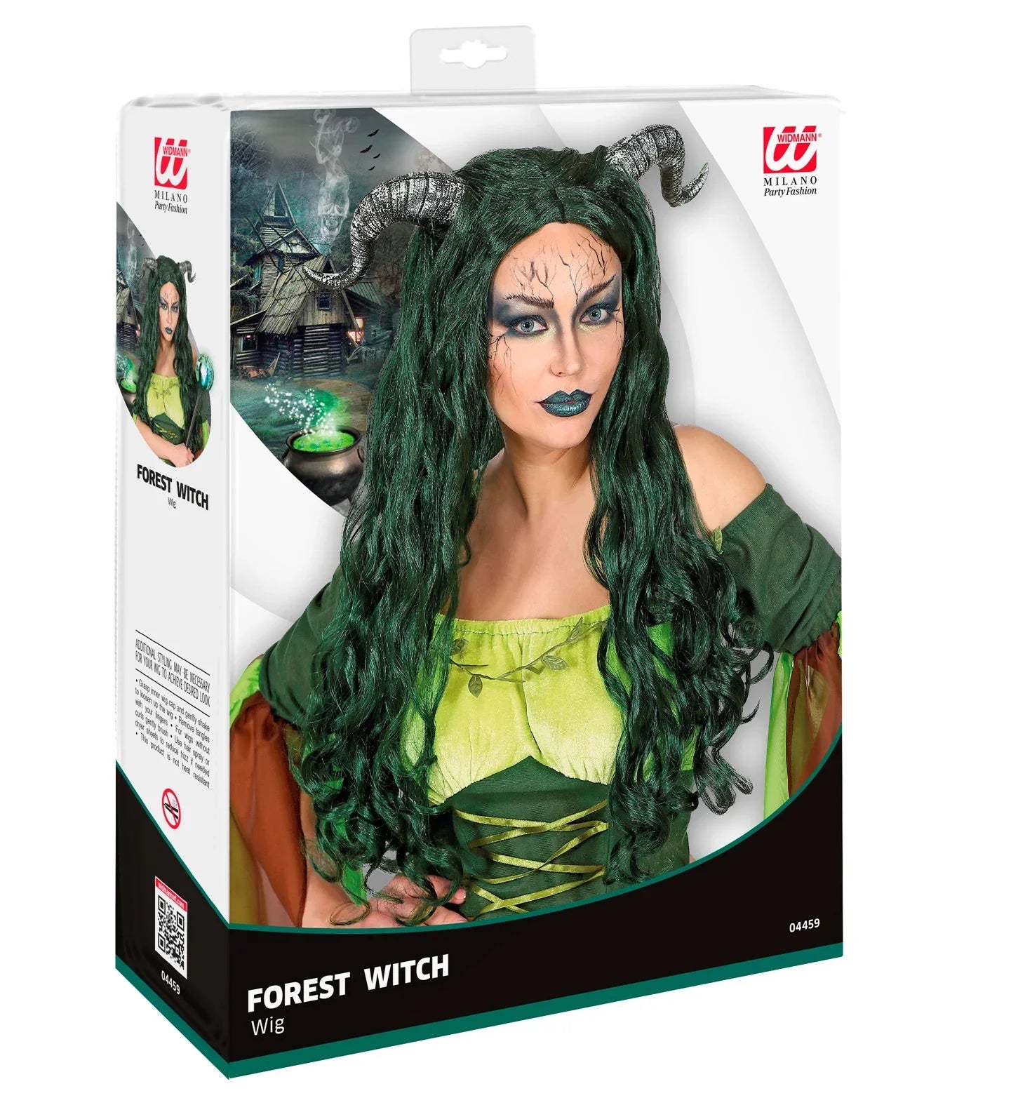 Peluca de Bruja del Bosque Verde con Cuernos Accesorios Halloween Widmann