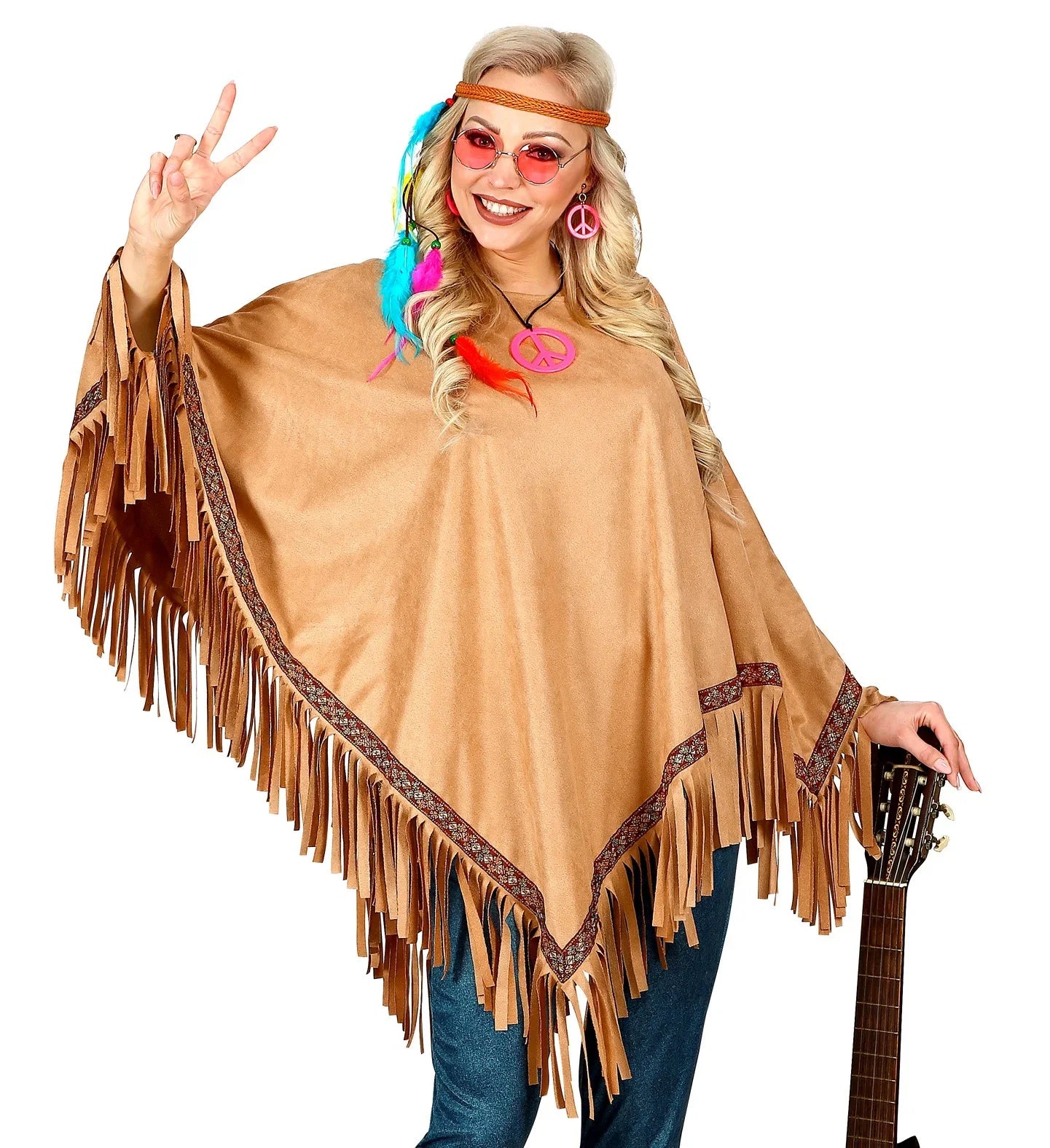 Poncho Hippie Marrón con Flechos para Adulto Hippies Widmann