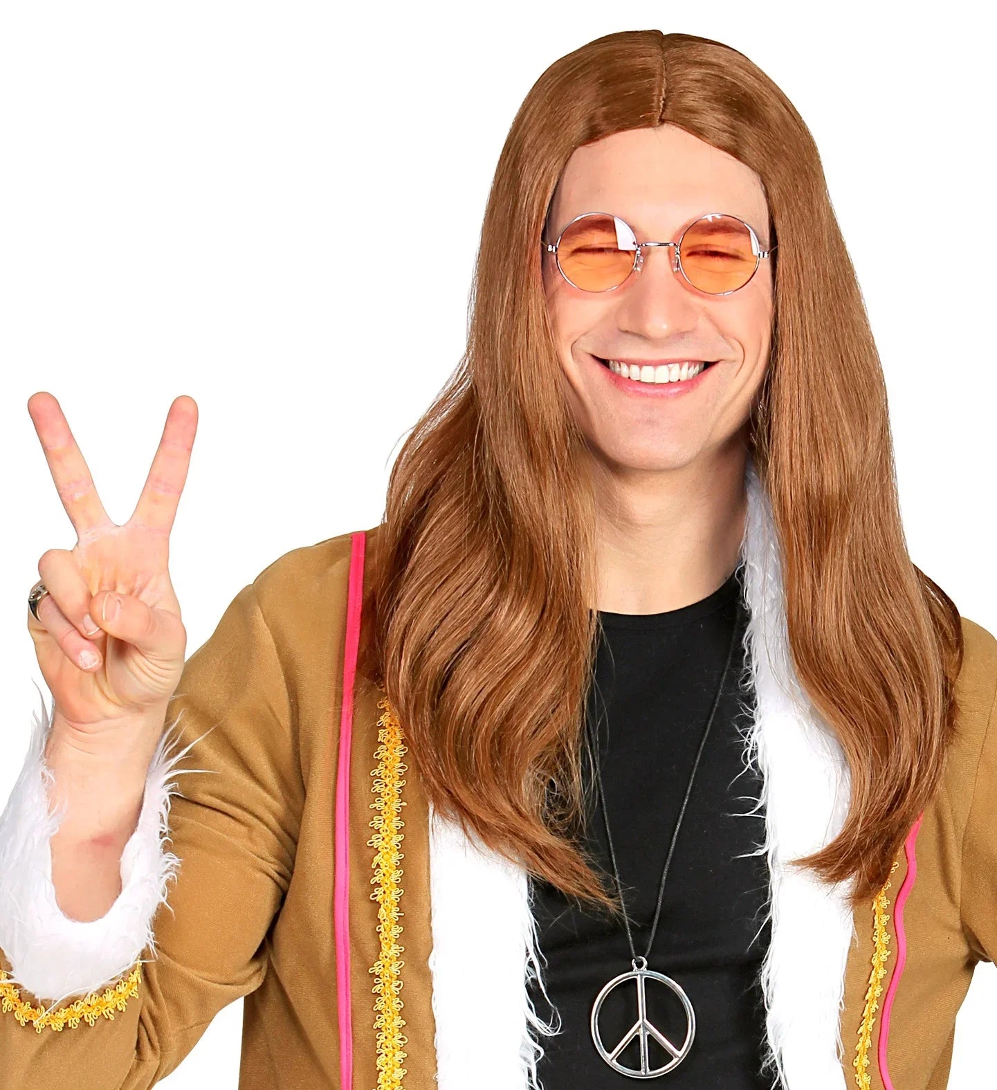 Peluca Hippie Castaña de Hombre con Pelo Largo Complementos Hippies Widmann