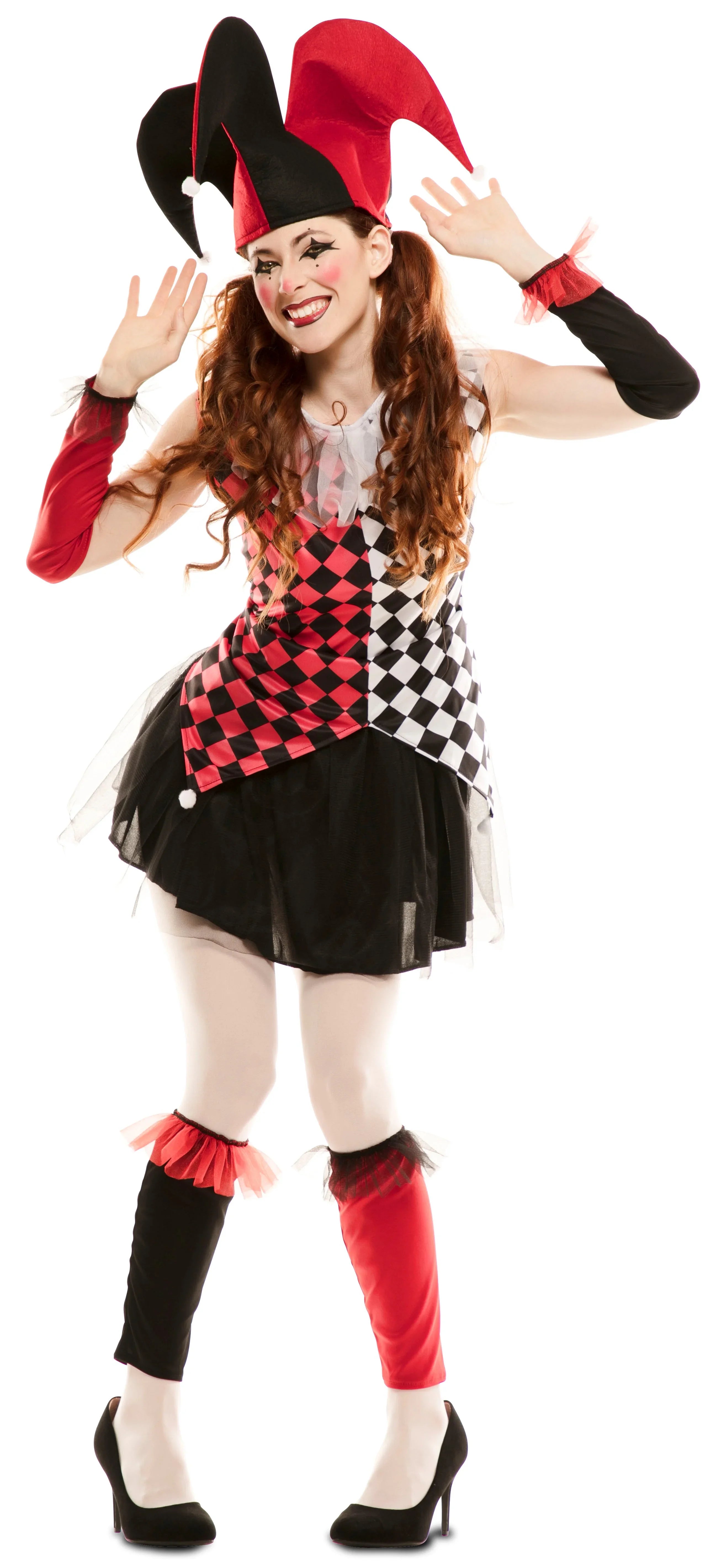 Disfraz de Arlequín Rojo y Negro para Mujer Arlequines y Bufones EuroCarnavales