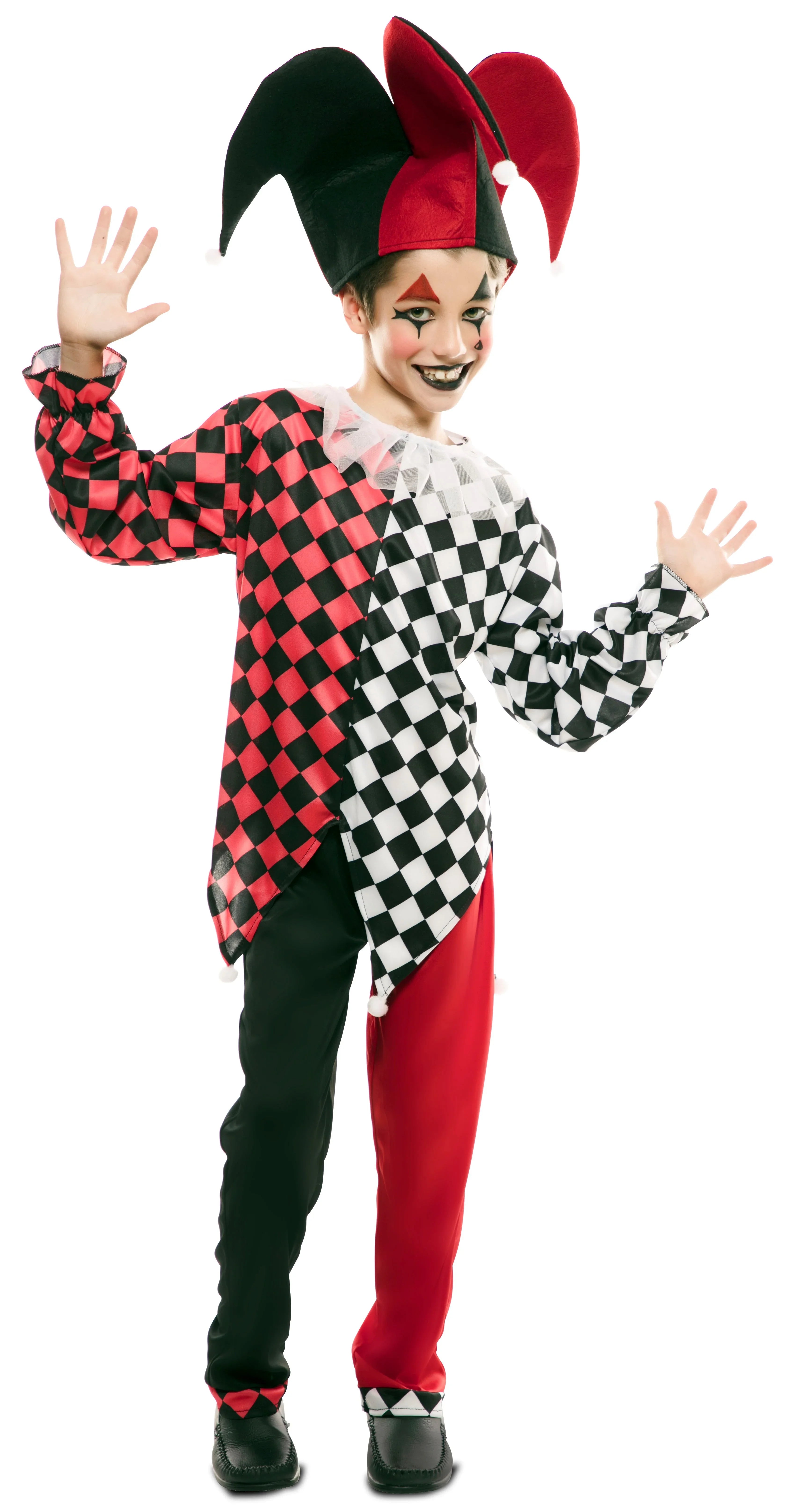 Disfraz de Arlequín Rojo y Negro para Niño Arlequines y Bufones EuroCarnavales