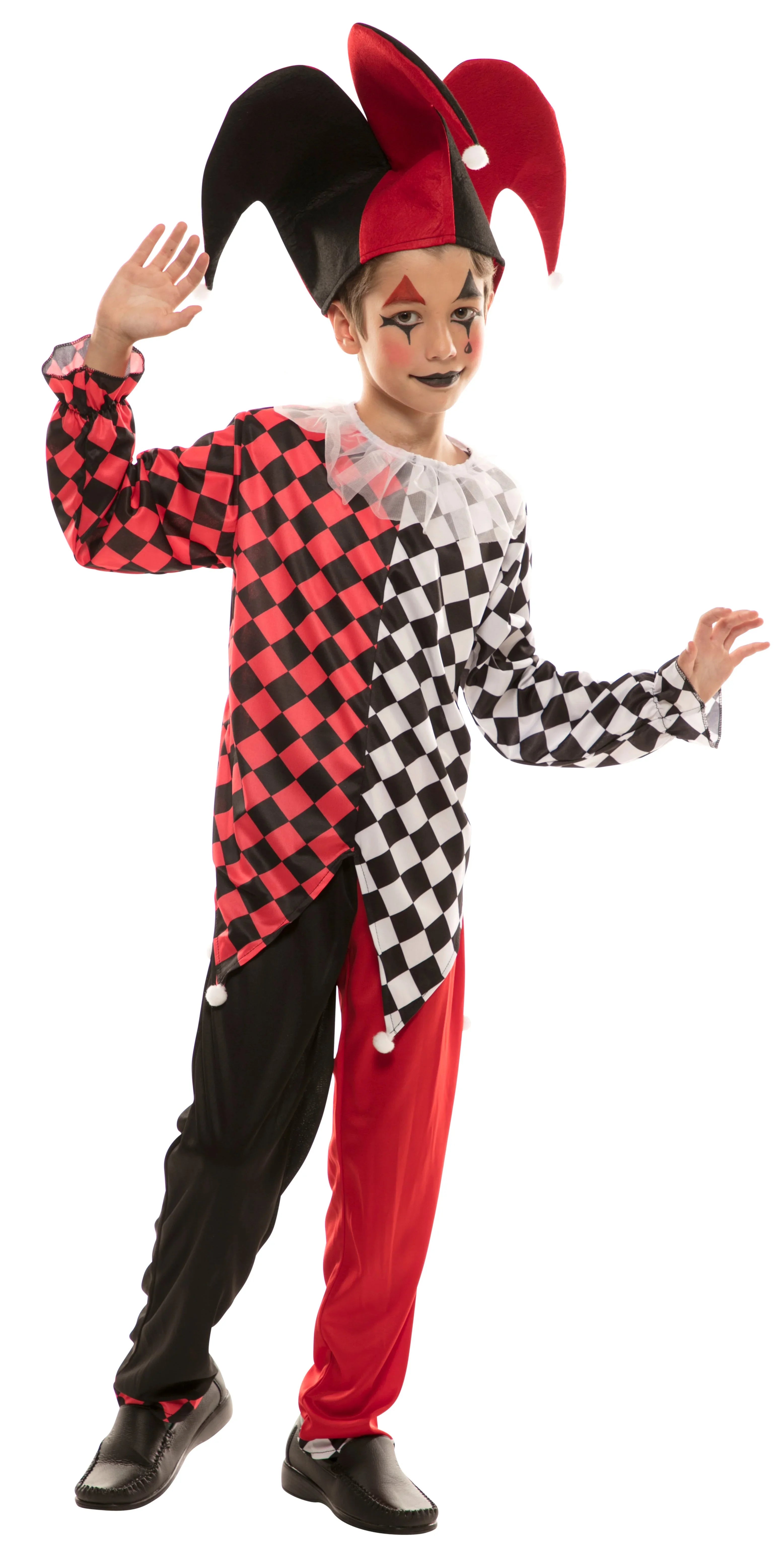 Disfraz de Arlequín Rojo y Negro para Niño Arlequines y Bufones EuroCarnavales