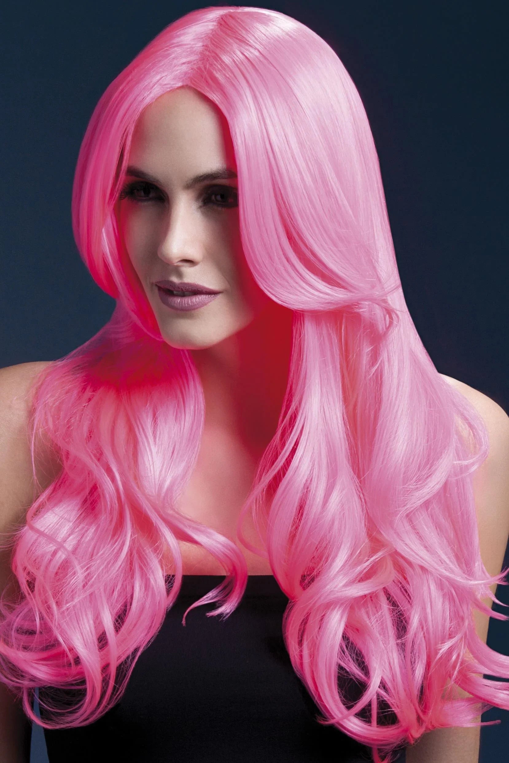 Peluca Rosa Neón con Melena Larga Ondulada Premium Pelucas Rosas Smiffys