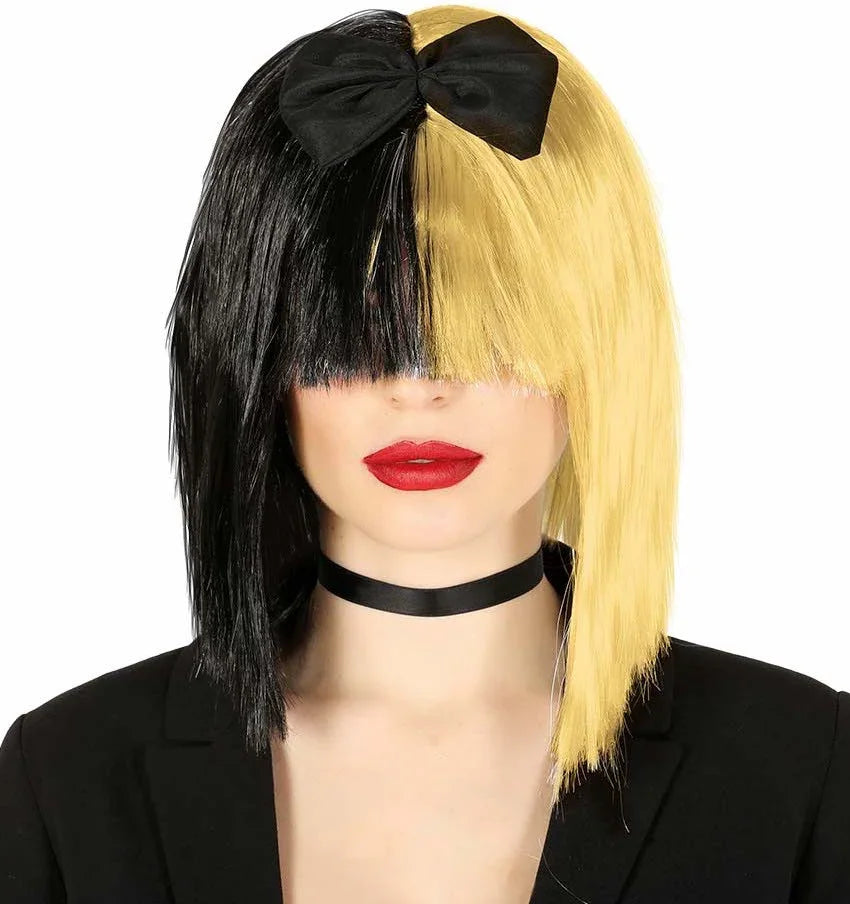 Peluca de Sia Bicolor Morena y Rubia con Lazo Músicos y Cantantes Guirca