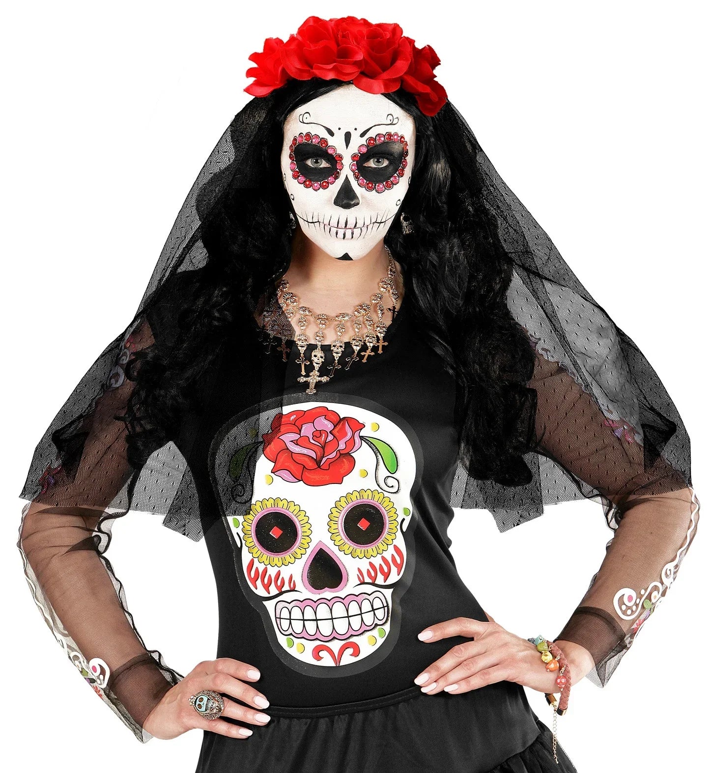 Tocado de Catrina con Rosas Rojas y Velo Negro Catrina Widmann