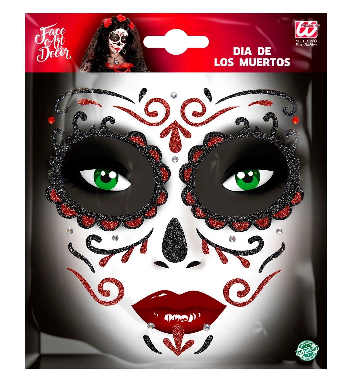 Set de Adhesivos de Catrina Rojo con Purpurina Kits de Maquillaje Widmann