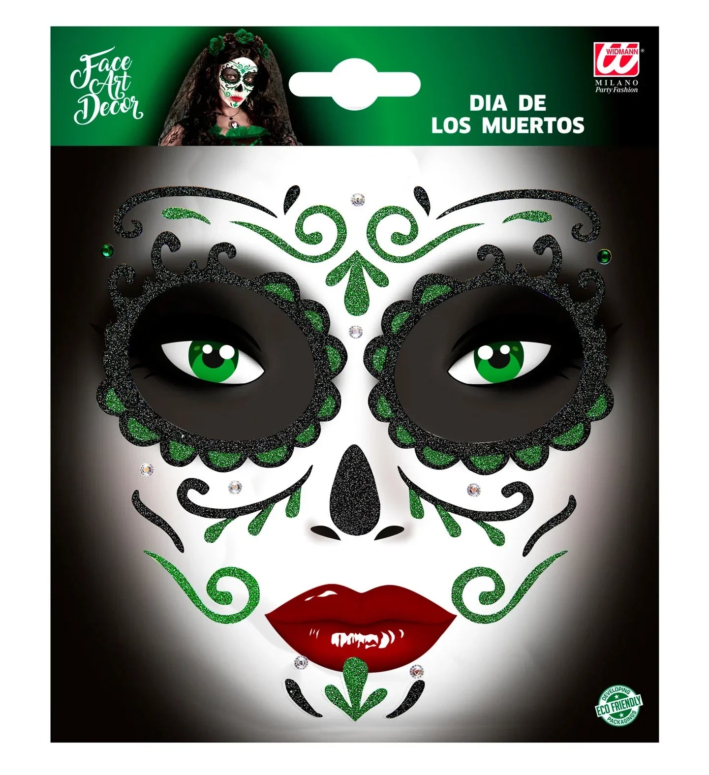 Set de Adhesivos de Catrina Verde con Purpurina Kits de Maquillaje Widmann