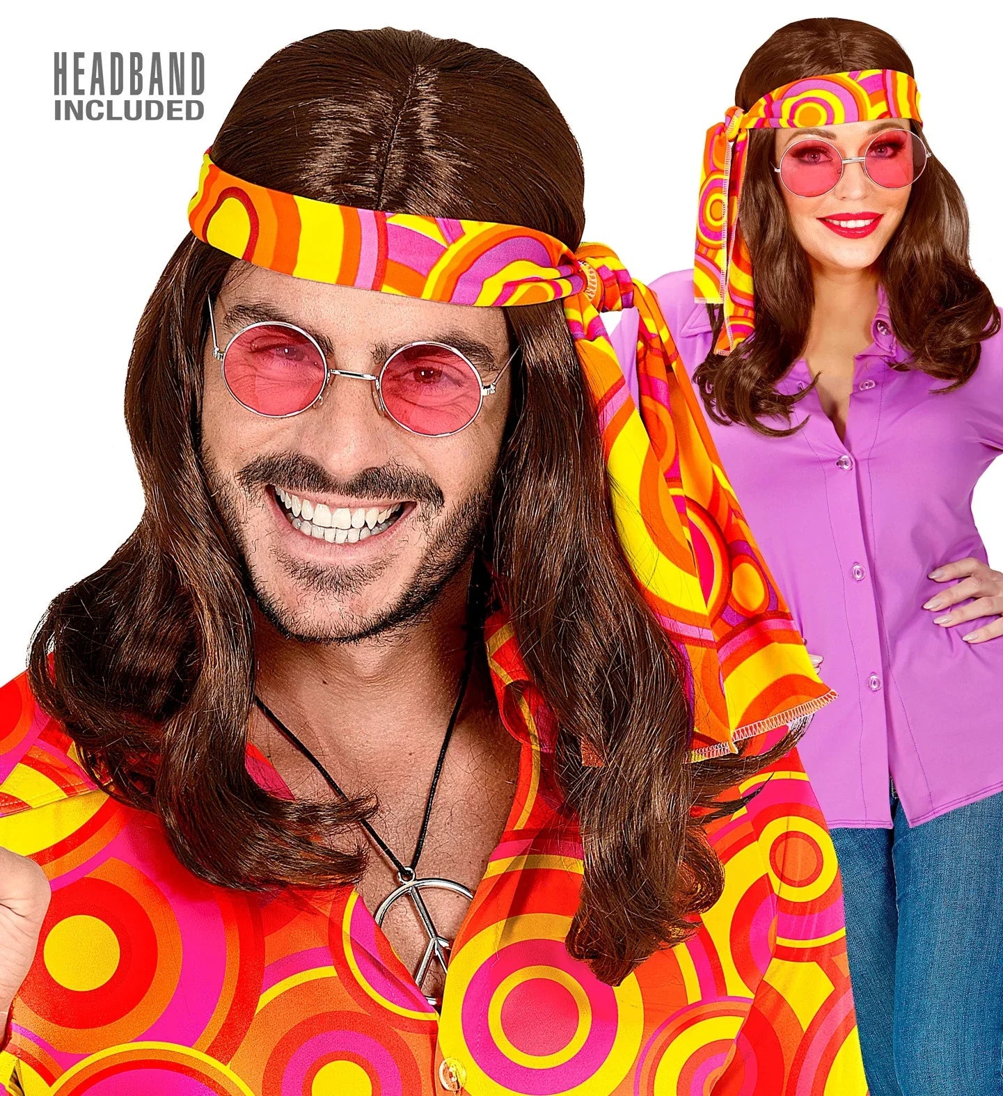 Peluca Castaña Larga con Bandana Disco Años 70 Pelucas Castañas Widmann