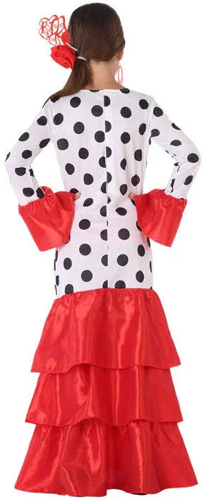 Disfraz de Flamenca Blanco con Volantes Rojos Infantil Sevillanas Atosa