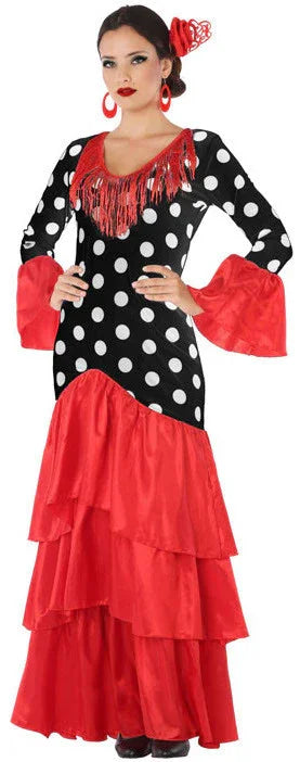 Disfraz de Flamenca Negro con Volantes Rojos para Mujer Sevillanas Atosa