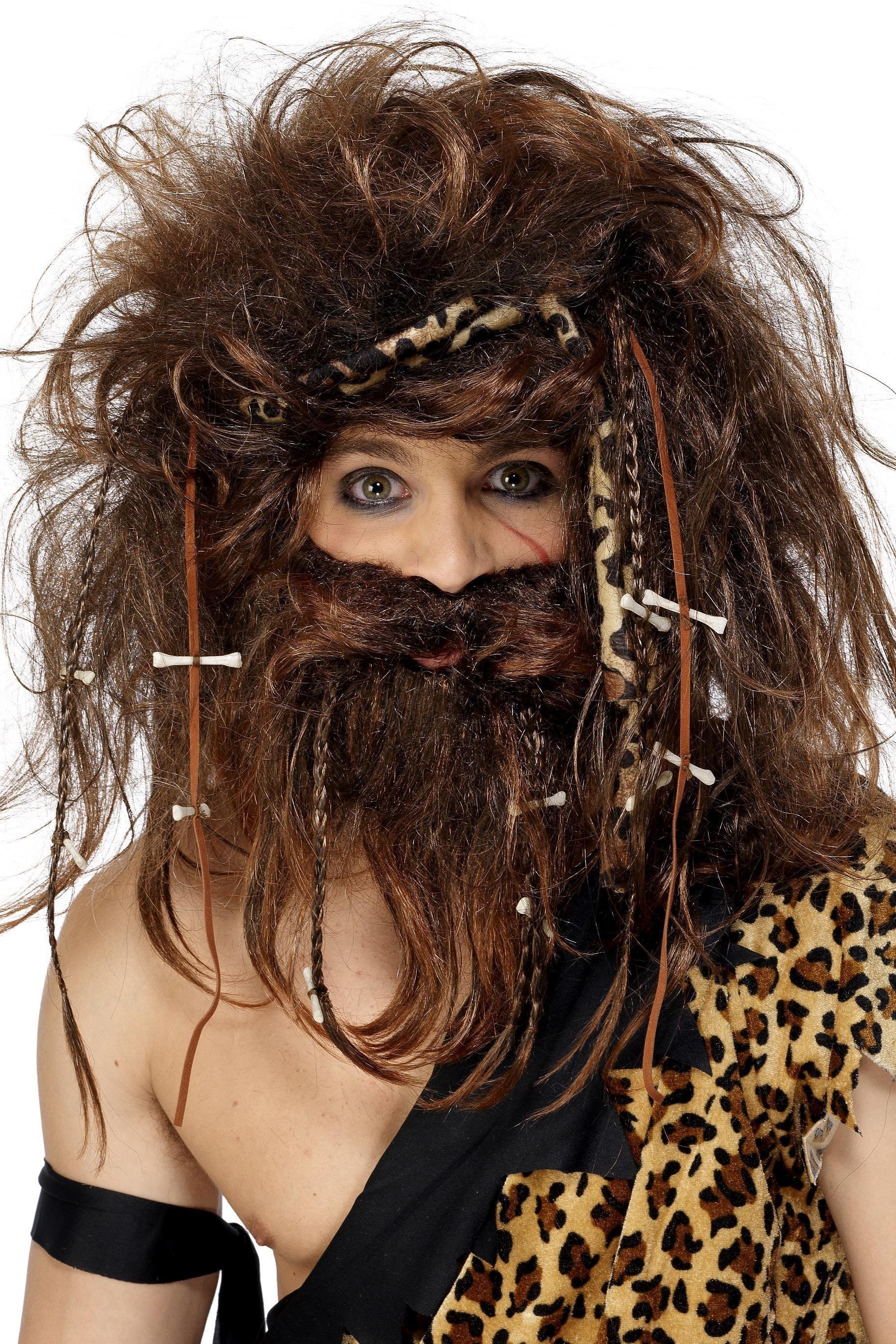 Peluca de Troglodita Castaña con Barba y Trenzas Complementos Trogloditas y Cavernícolas Smiffys